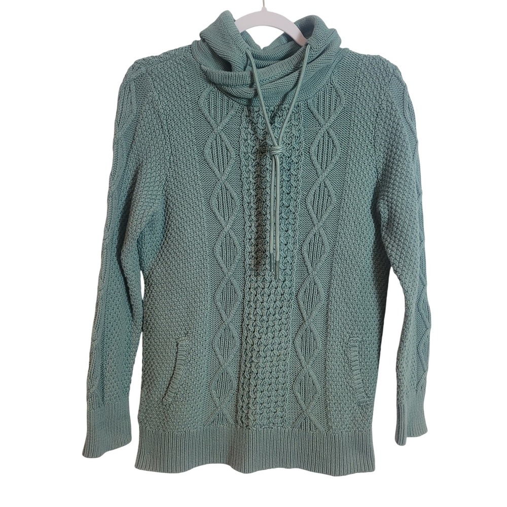 LL Bean Signature Women Sage Green Cotton Cable Knit Cowl Neck Sweater Medium